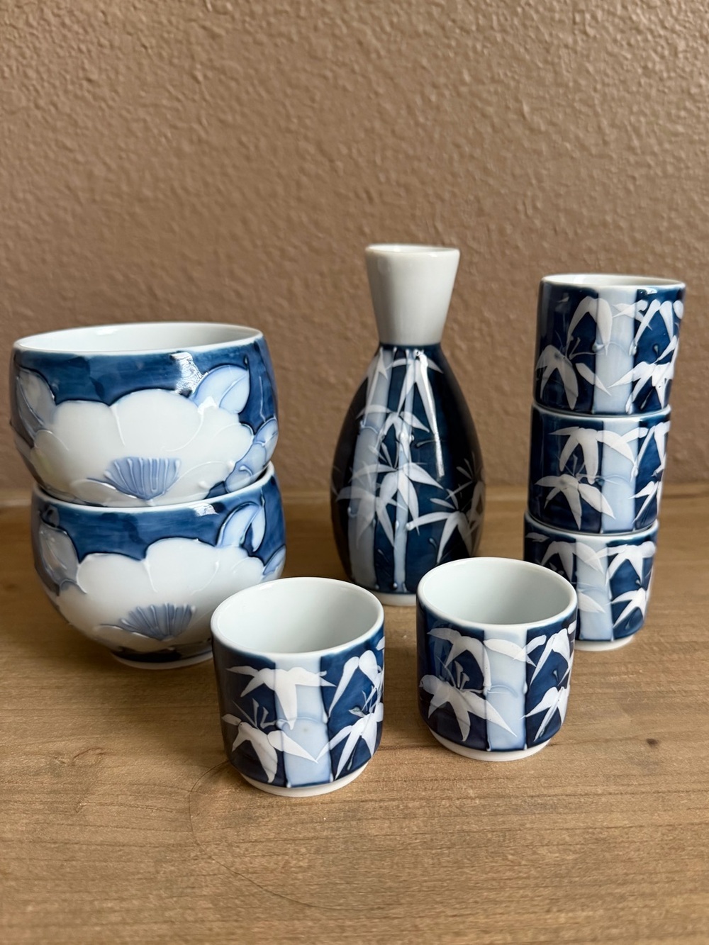 Blue & White Porcelain Saki Set - Floral Bamboo Pattern